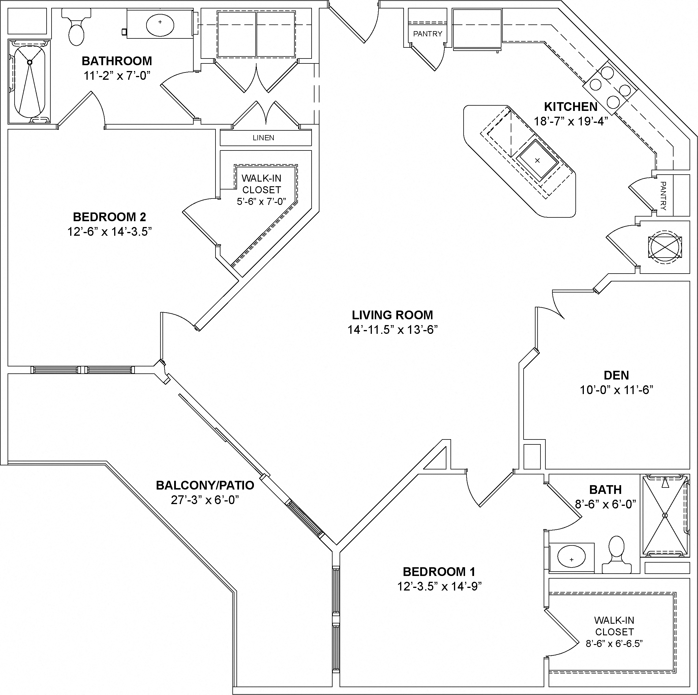 Floor plan for 2 beds, 2 baths, 1565 sqft